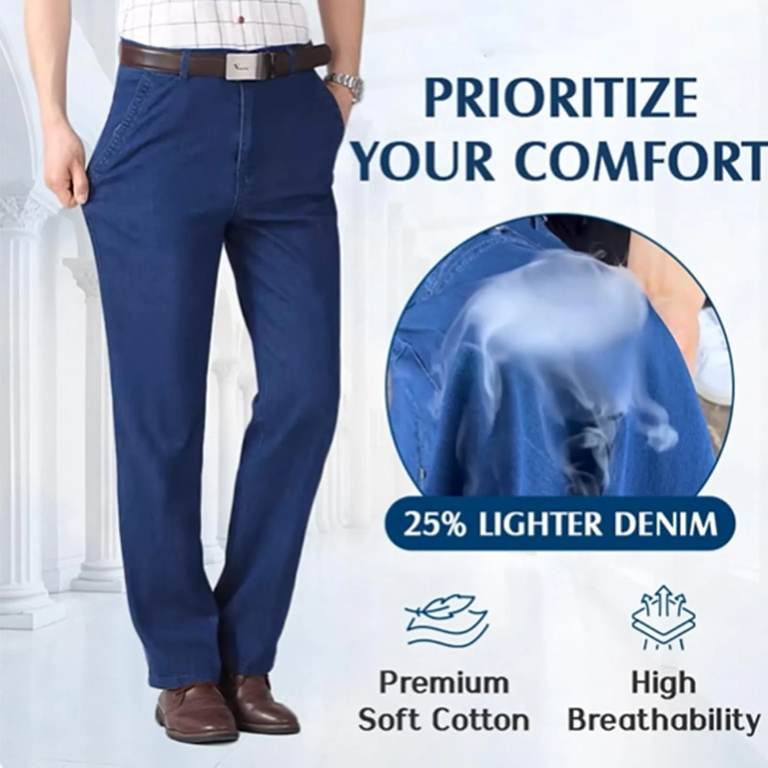 Senistyle Jeans for Men, Men's Classic Straight Fit Stretch Jeans, Soft Flexible High Waist Loose Denim for Older