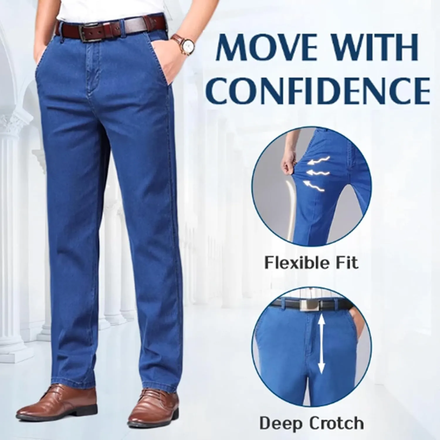 Senistyle Jeans for Men, Soft Flexible High Waist Loose Denim, Men's Classic Straight Fit Stretch Jeans for Older