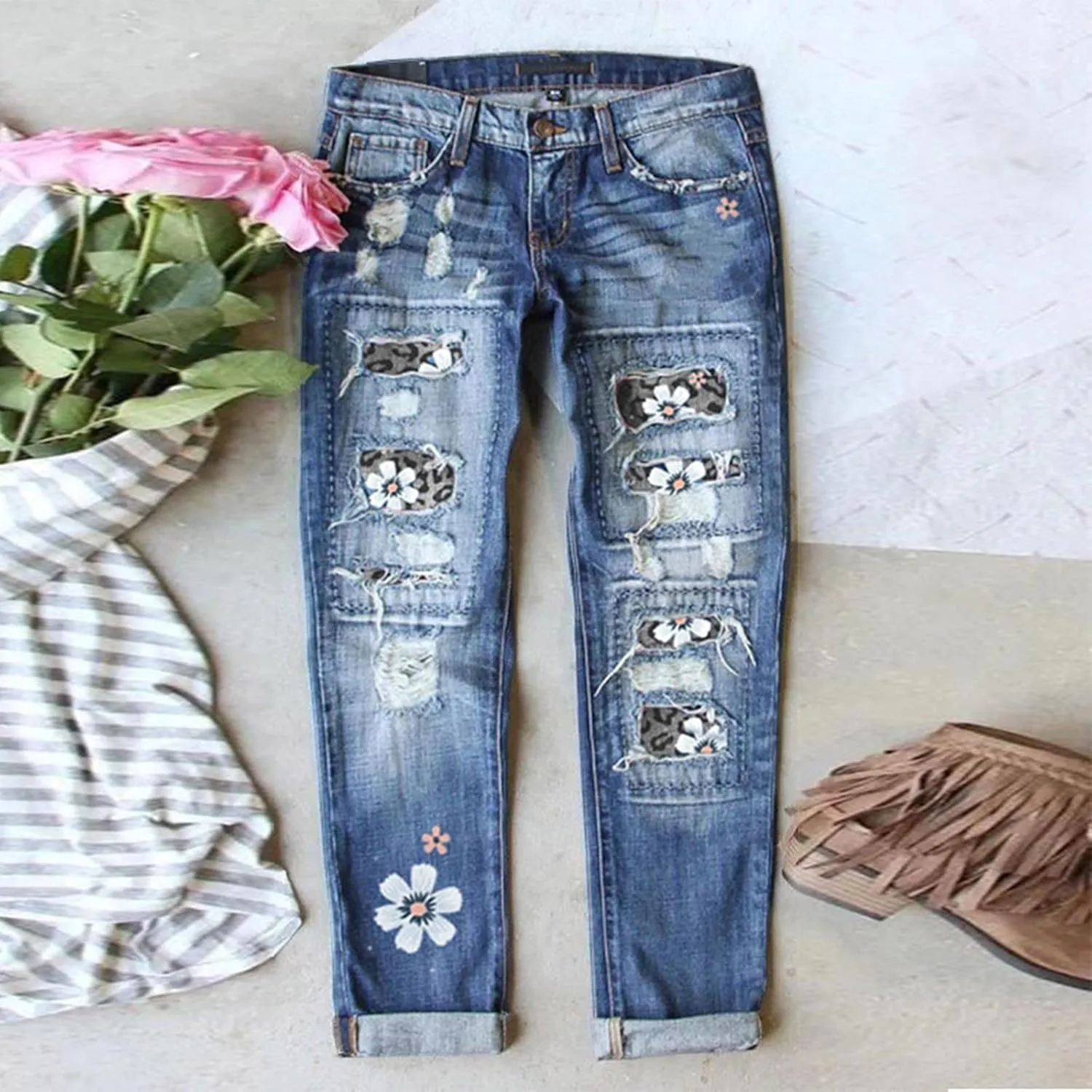 Sequin Jeans Mardi Gras Pants for Women Straight Leg Roll-up Denim Pants Distressed Frayed Raw Hem Boyfriend Jeans for Women