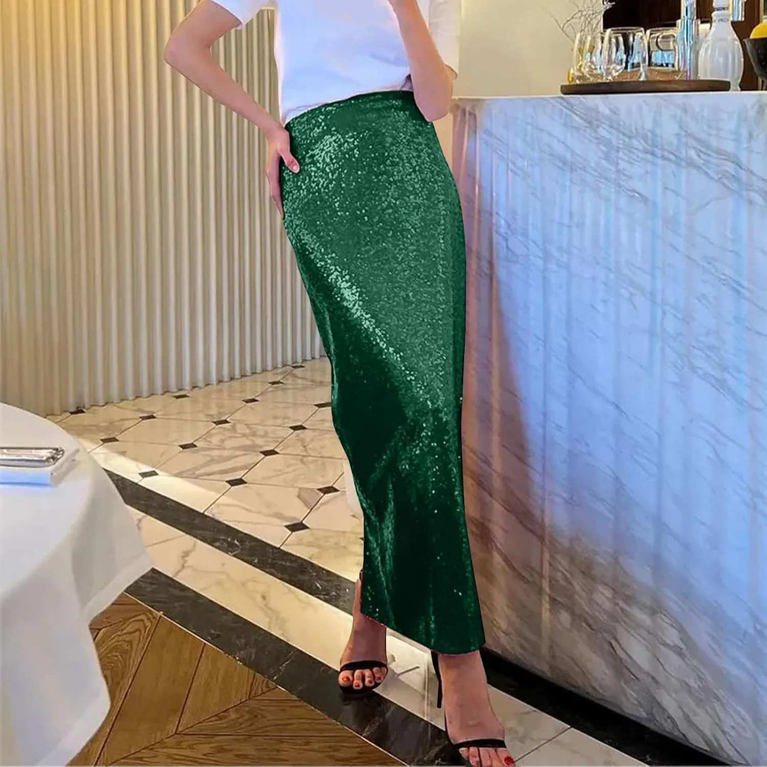 Sequin Skirt for Women-Stretchy Bodycon Women Elastic Waist Elastic Straight Long Skirt Swing A line Holiday Skirts