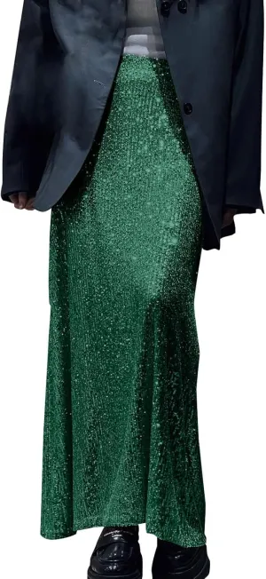 Sequin Skirt for Women-Stretchy Bodycon Women Elastic Waist Elastic Straight Long Skirt Swing A line Holiday Skirts