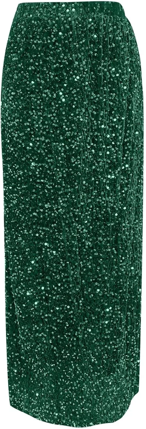 Sequin Skirt for Women-Stretchy Bodycon Women Elastic Waist Elastic Straight Long Skirt Swing A line Holiday Skirts
