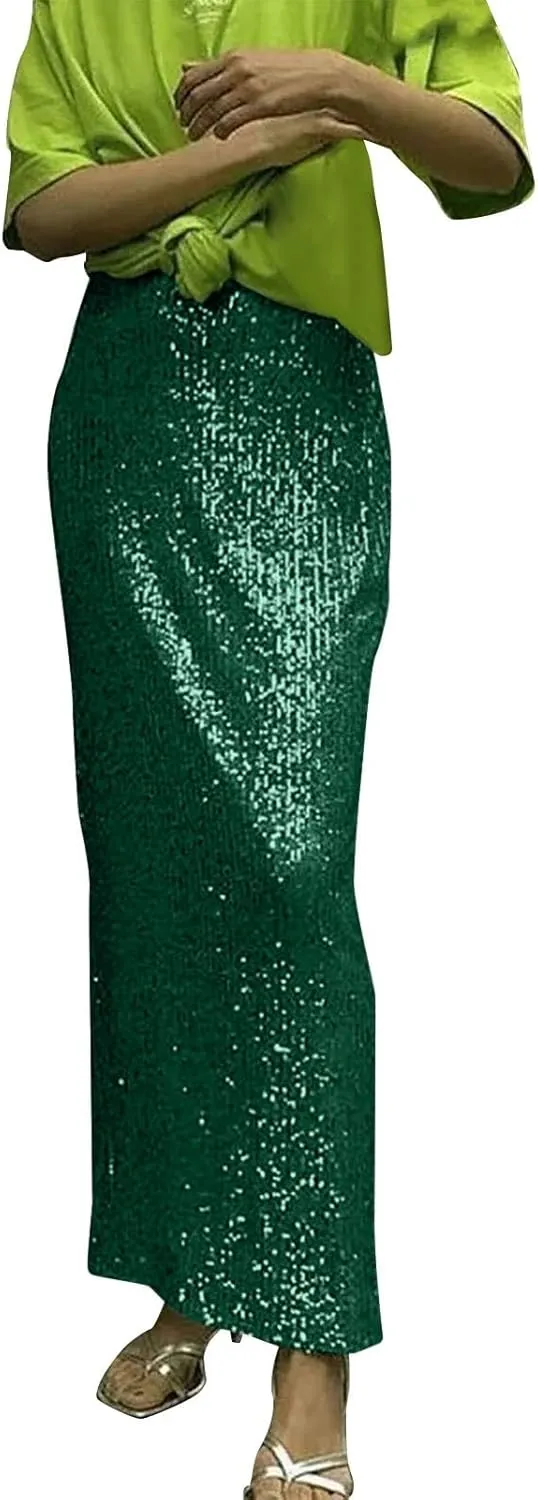 Sequin Skirt for Women-Stretchy Bodycon Women Elastic Waist Elastic Straight Long Skirt Swing A line Holiday Skirts