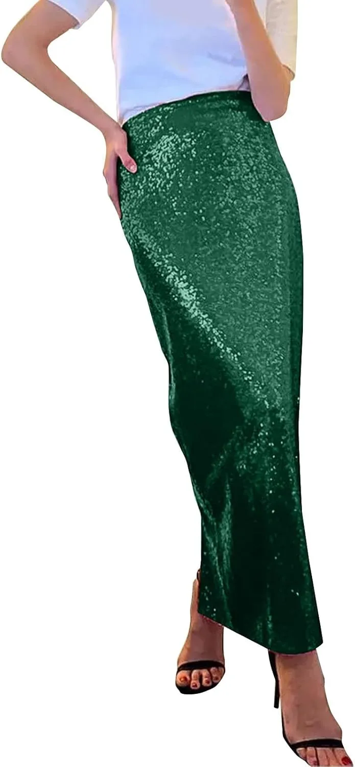 Sequin Skirt for Women-Stretchy Bodycon Women Elastic Waist Elastic Straight Long Skirt Swing A line Holiday Skirts