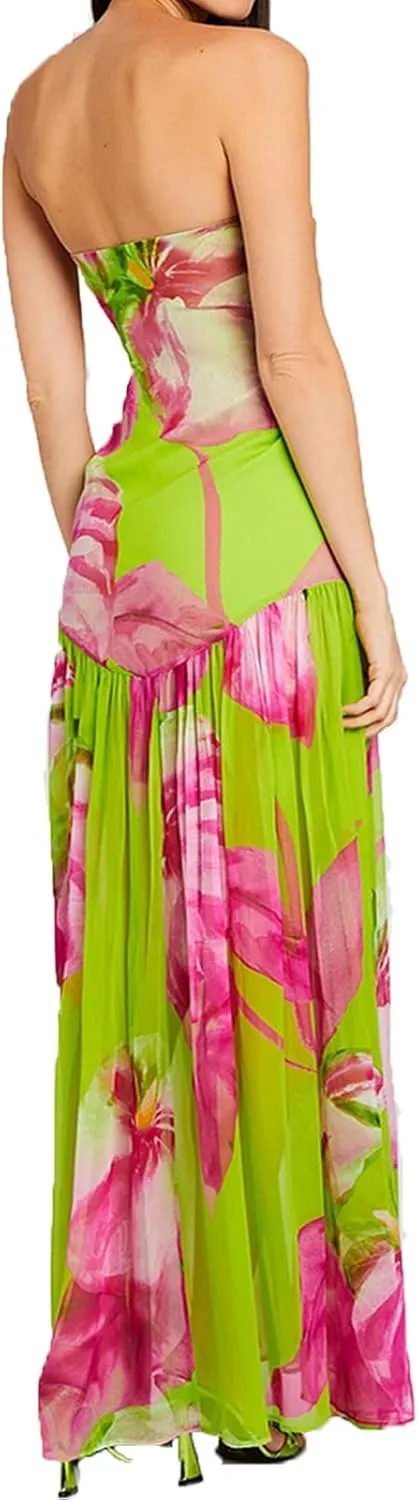 Seyumixi Women Strapless Flowy Maxi Dress High Split Off Shoulder Tube Dress Sleeveless Boho Floral Beach Long Dress