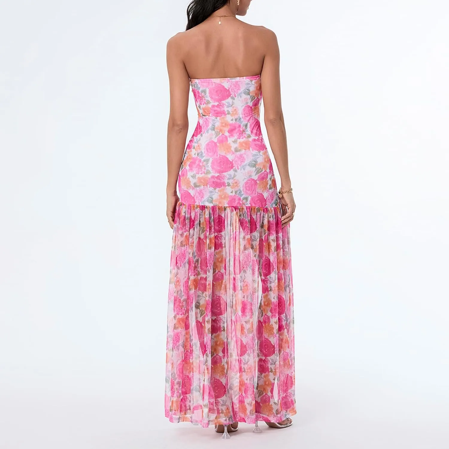 Seyumixi Women Strapless Flowy Maxi Dress High Split Off Shoulder Tube Dress Sleeveless Boho Floral Beach Long Dress