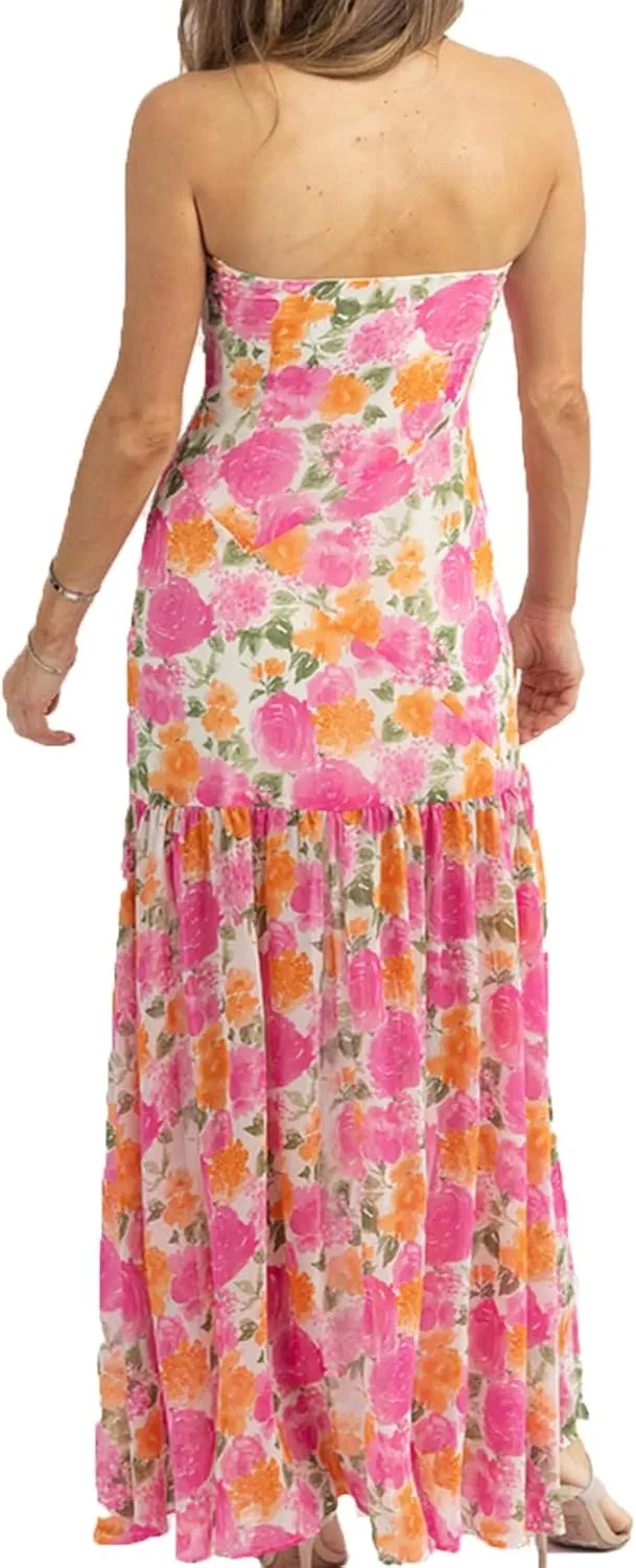 Seyumixi Women Strapless Flowy Maxi Dress High Split Off Shoulder Tube Dress Sleeveless Boho Floral Beach Long Dress