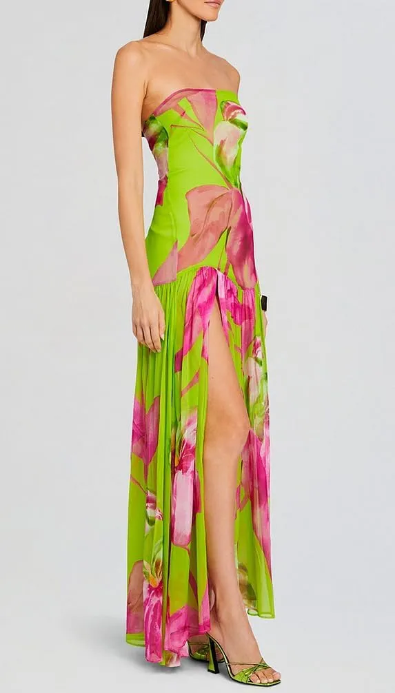 Seyumixi Women Strapless Flowy Maxi Dress High Split Off Shoulder Tube Dress Sleeveless Boho Floral Beach Long Dress