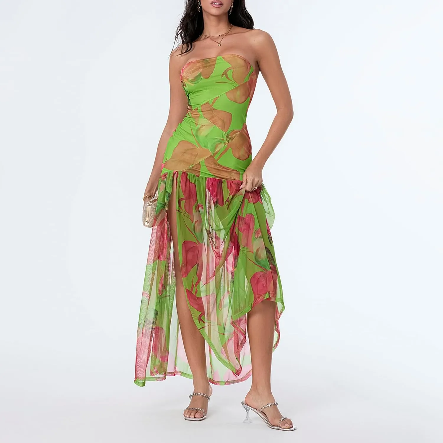 Seyumixi Women Strapless Flowy Maxi Dress High Split Off Shoulder Tube Dress Sleeveless Boho Floral Beach Long Dress