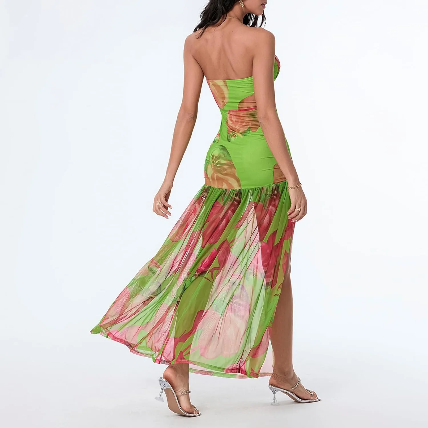Seyumixi Women Strapless Flowy Maxi Dress High Split Off Shoulder Tube Dress Sleeveless Boho Floral Beach Long Dress