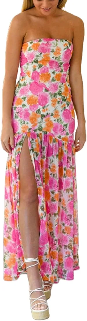 Seyumixi Women Strapless Flowy Maxi Dress High Split Off Shoulder Tube Dress Sleeveless Boho Floral Beach Long Dress