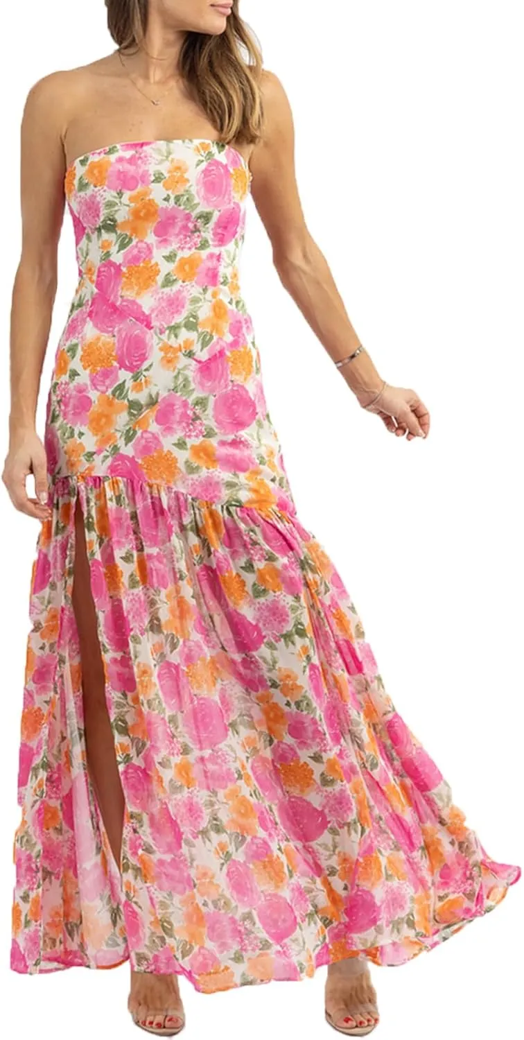 Seyumixi Women Strapless Flowy Maxi Dress High Split Off Shoulder Tube Dress Sleeveless Boho Floral Beach Long Dress