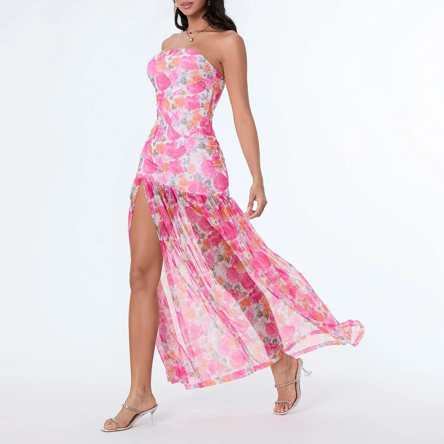 Seyumixi Women Strapless Flowy Maxi Dress High Split Off Shoulder Tube Dress Sleeveless Boho Floral Beach Long Dress