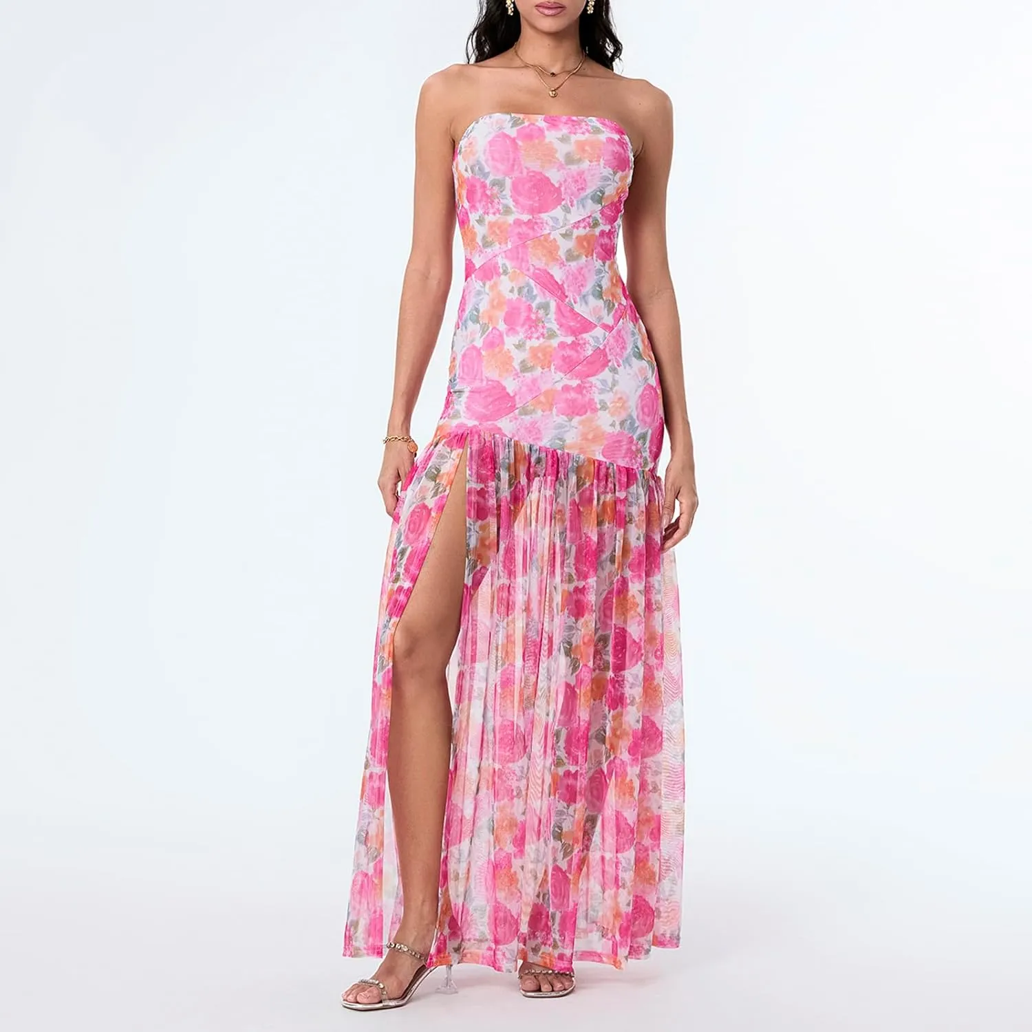 Seyumixi Women Strapless Flowy Maxi Dress High Split Off Shoulder Tube Dress Sleeveless Boho Floral Beach Long Dress
