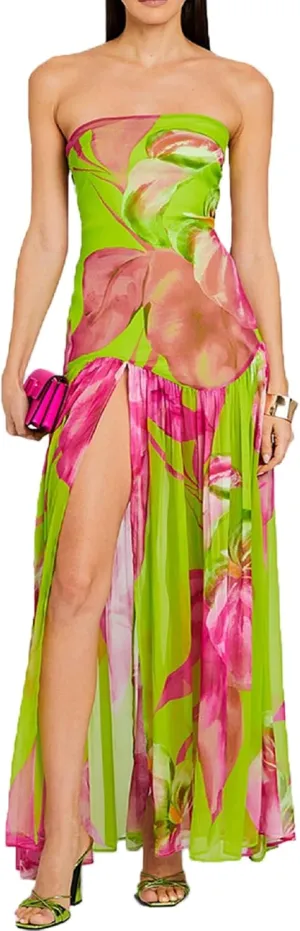 Seyumixi Women Strapless Flowy Maxi Dress High Split Off Shoulder Tube Dress Sleeveless Boho Floral Beach Long Dress