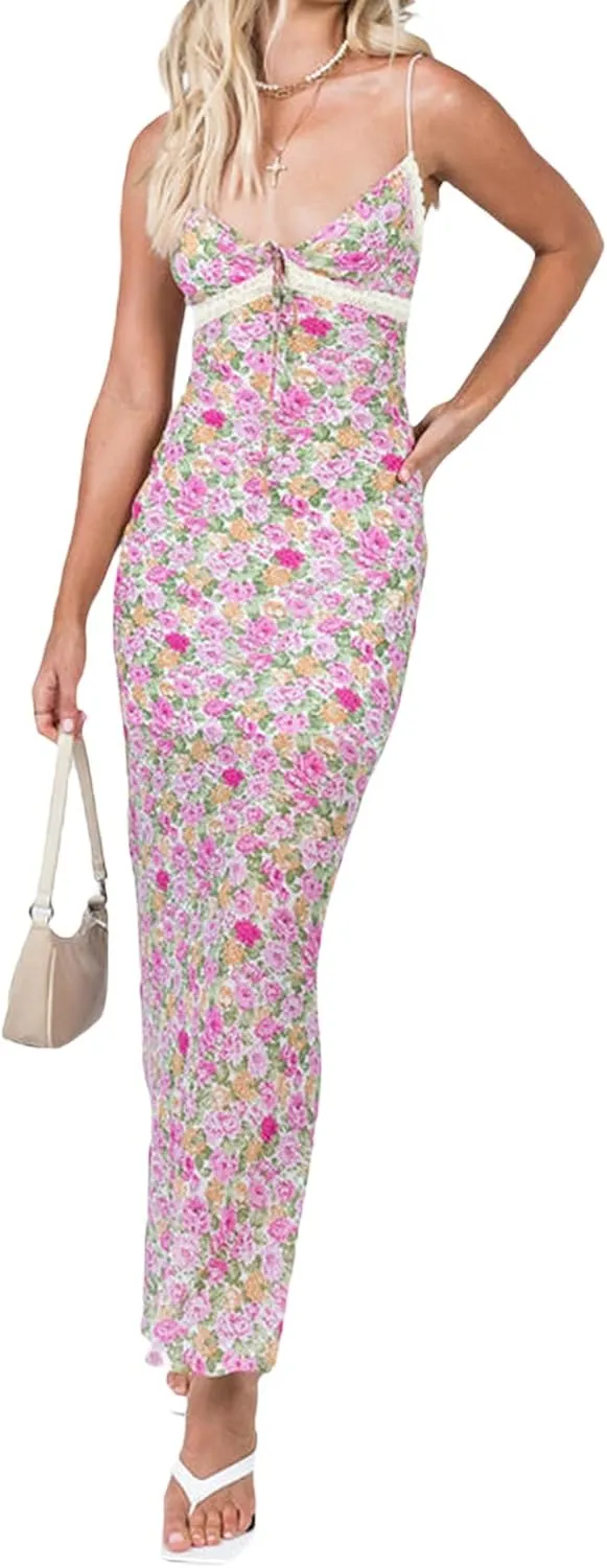 Seyurigaoka Women Y2K Floral Print Spaghetti Strap Maxi Dress Low Cut Bodycon Cami Long Dress V Neck Backless Vacation Dress