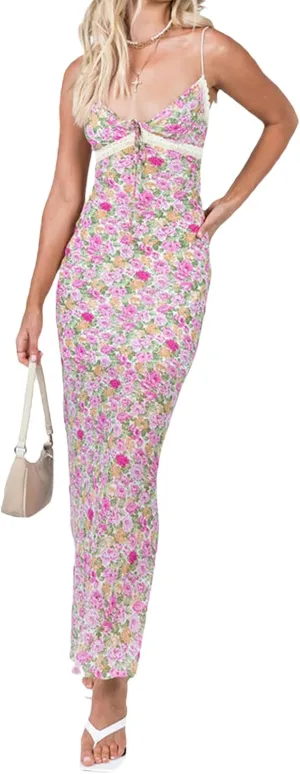 Seyurigaoka Women Y2K Floral Print Spaghetti Strap Maxi Dress Low Cut Bodycon Cami Long Dress V Neck Backless Vacation Dress