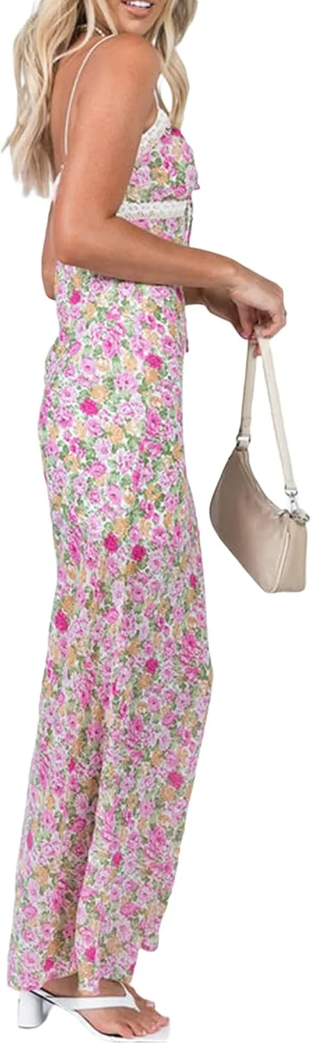 Seyurigaoka Women Y2K Floral Print Spaghetti Strap Maxi Dress Low Cut Bodycon Cami Long Dress V Neck Backless Vacation Dress
