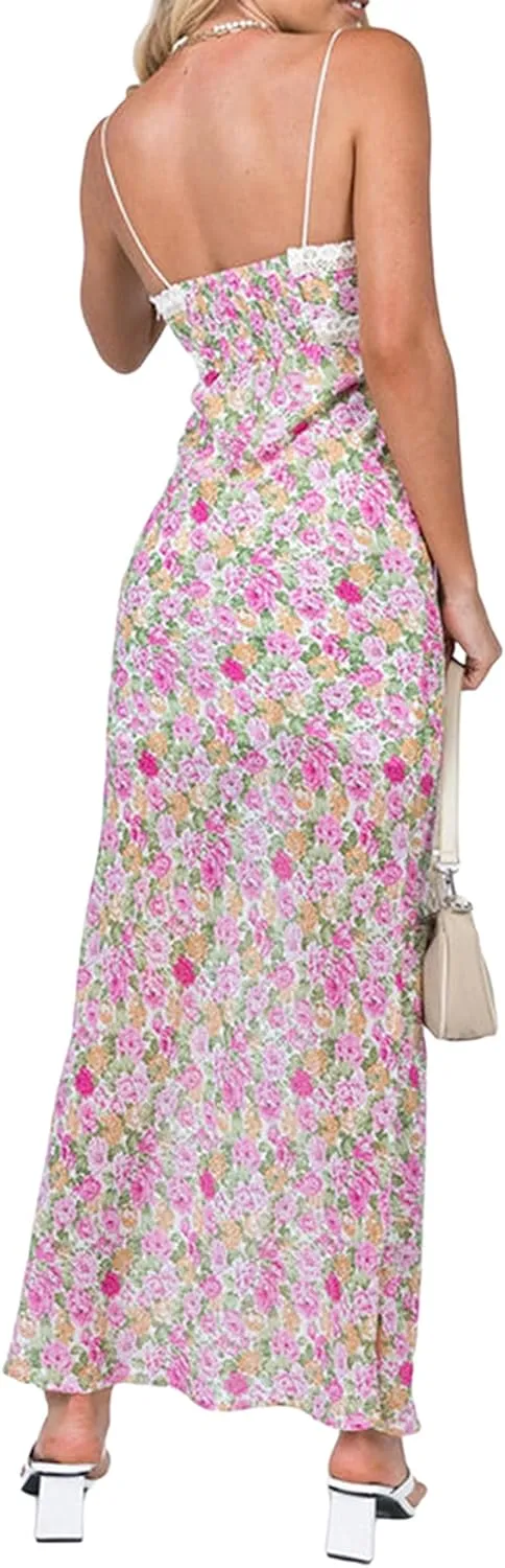 Seyurigaoka Women Y2K Floral Print Spaghetti Strap Maxi Dress Low Cut Bodycon Cami Long Dress V Neck Backless Vacation Dress