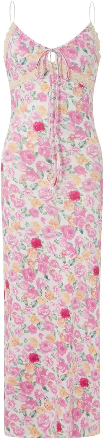Seyurigaoka Women Y2K Floral Print Spaghetti Strap Maxi Dress Low Cut Bodycon Cami Long Dress V Neck Backless Vacation Dress