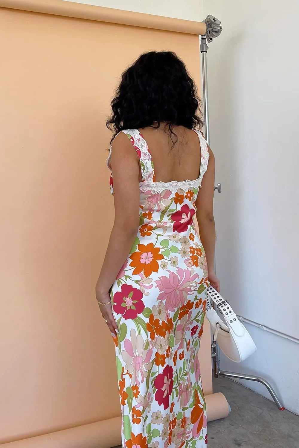 Seyurigaoka Women Y2K Floral Print Spaghetti Strap Maxi Dress Low Cut Bodycon Cami Long Dress V Neck Backless Vacation Dress
