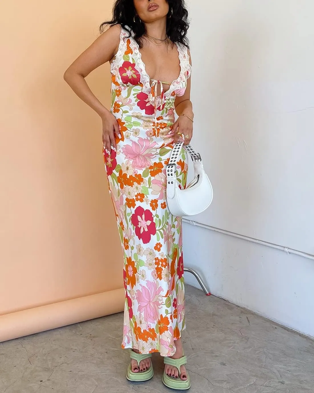 Seyurigaoka Women Y2K Floral Print Spaghetti Strap Maxi Dress Low Cut Bodycon Cami Long Dress V Neck Backless Vacation Dress