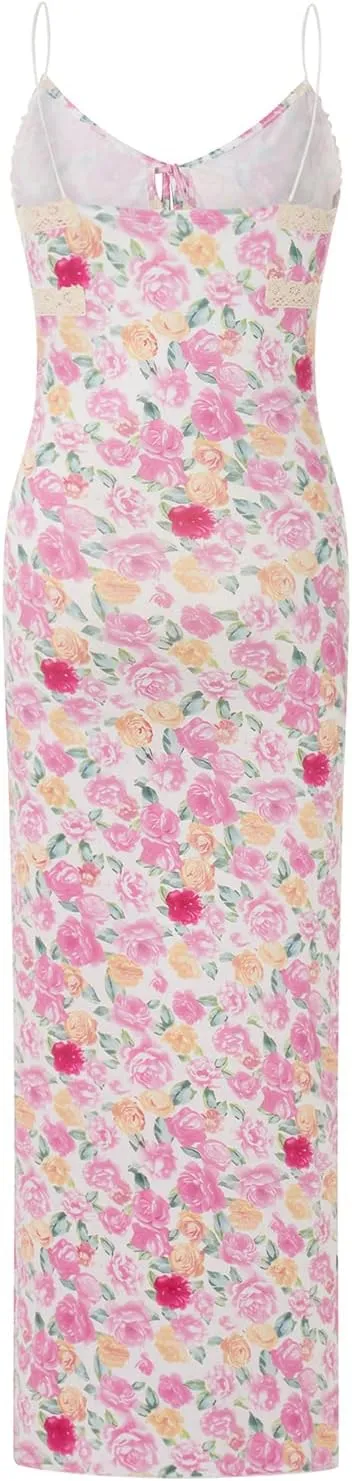 Seyurigaoka Women Y2K Floral Print Spaghetti Strap Maxi Dress Low Cut Bodycon Cami Long Dress V Neck Backless Vacation Dress