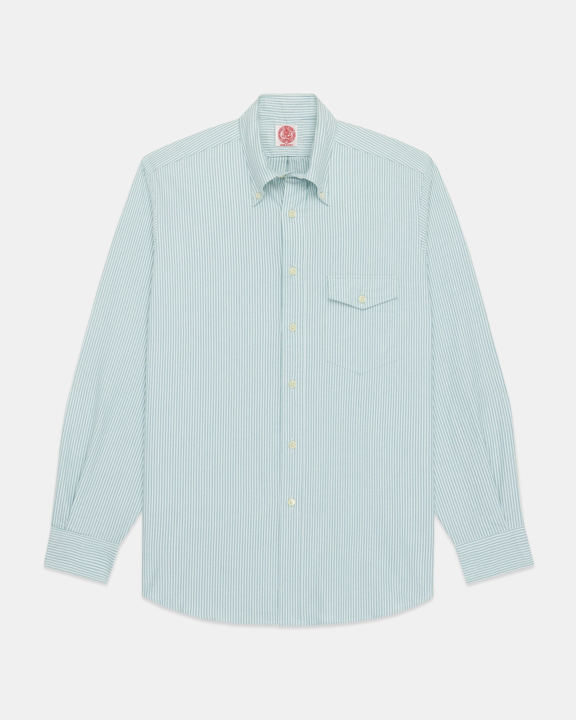 Sporty Look High-End Fabric Made-in-USA Flap Pocket Green University Stripe Oxford Cloth Button Down Shirt - Classic Fit