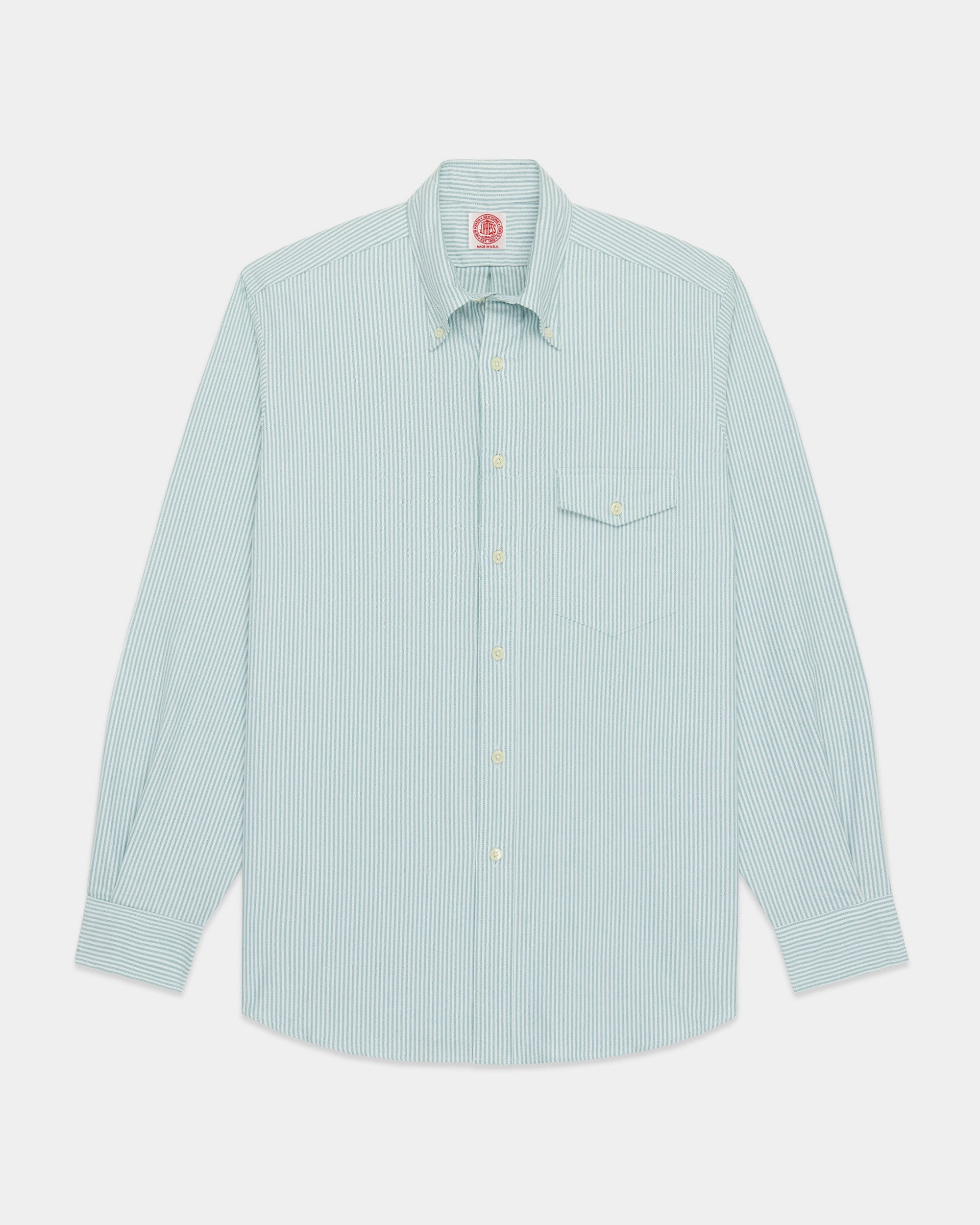 Made-in-USA Flap Pocket Green University Stripe Oxford Cloth Button Down Shirt - Classic Fit Festive Look fade resistant color