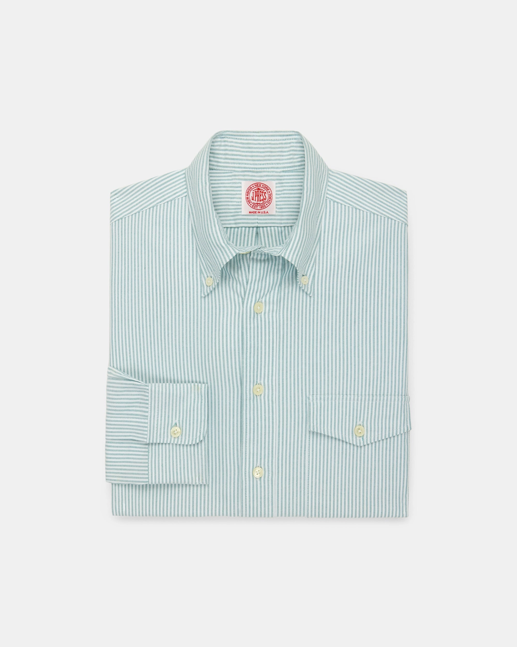 Soft Touch Fabric Made-in-USA Flap Pocket Green University Stripe Oxford Cloth Button Down Shirt - Classic Fit