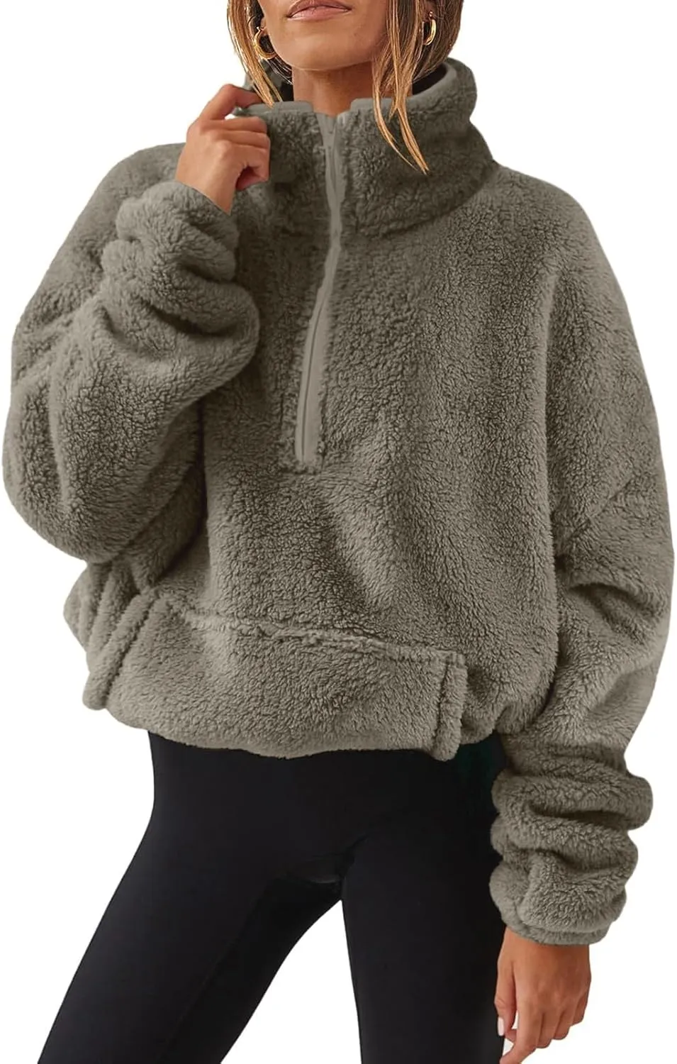 Sherpa Half Zip Pullover Women Fleece Cropped Sweatshirt Fall Fashion 2024 Stand Collar Pullover Sweater with Pocket