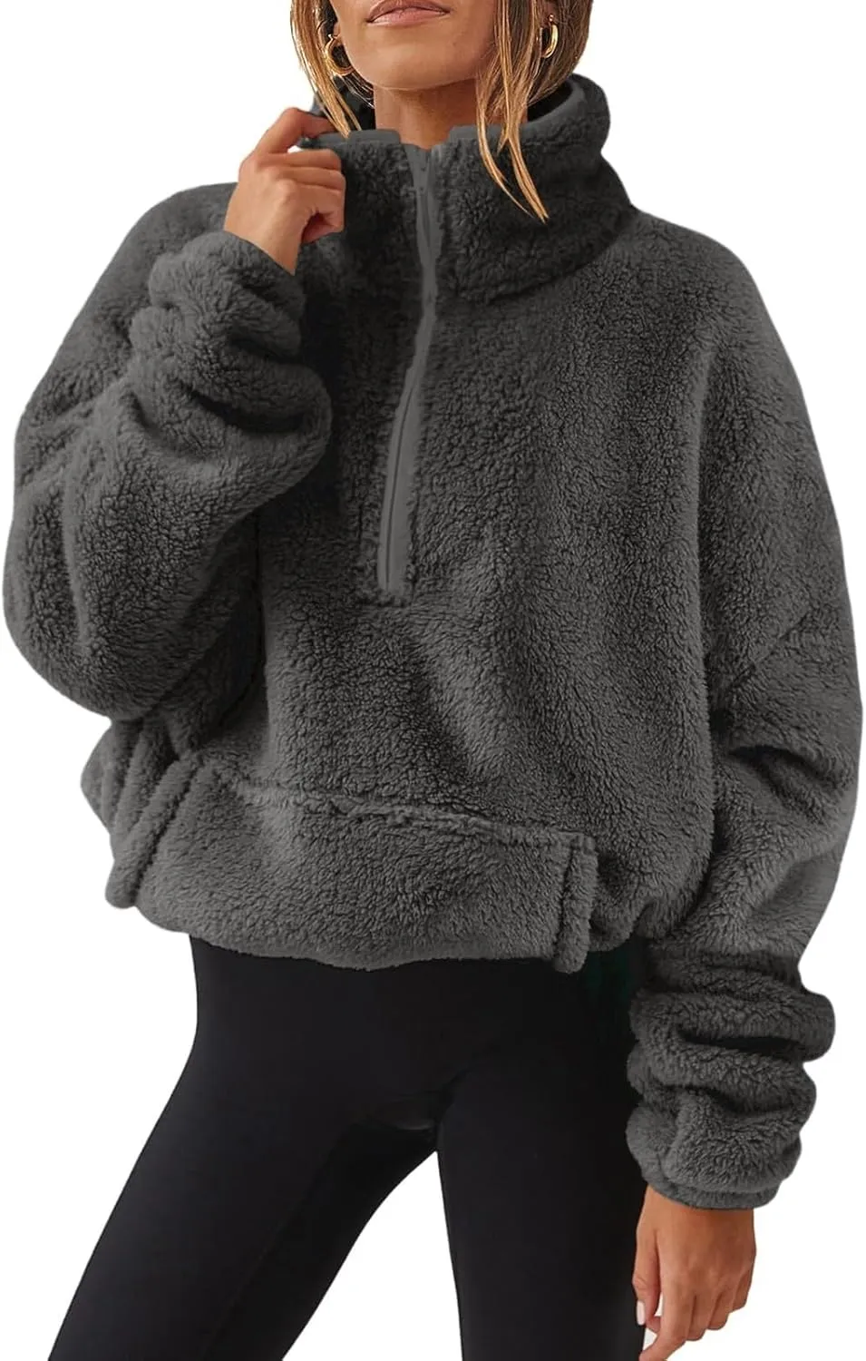 Sherpa Half Zip Pullover Women Fleece Cropped Sweatshirt Fall Fashion 2024 Stand Collar Pullover Sweater with Pocket
