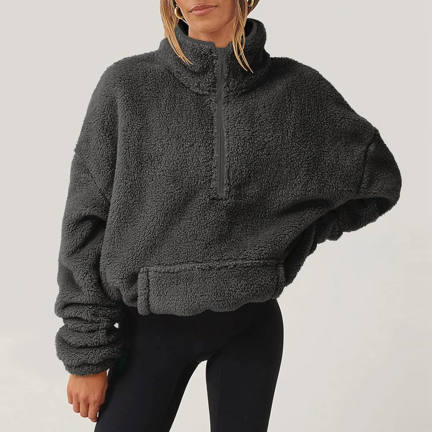 Sherpa Half Zip Pullover Women Fleece Cropped Sweatshirt Fall Fashion 2024 Stand Collar Pullover Sweater with Pocket