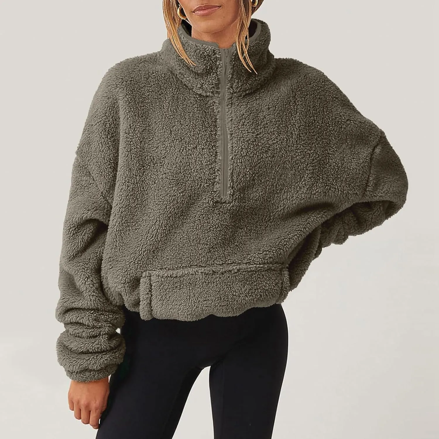 Sherpa Half Zip Pullover Women Fleece Cropped Sweatshirt Fall Fashion 2024 Stand Collar Pullover Sweater with Pocket
