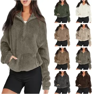 Sherpa Half Zip Pullover Women Fleece Cropped Sweatshirt Fall Fashion 2024 Stand Collar Pullover Sweater with Pocket