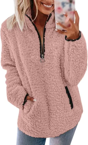Sherpa Pullover Womens Quarter Zip Up Sweatshirts Casual Fleece Sweatshirts Long Sleeve Shirts with Pockets Outwear