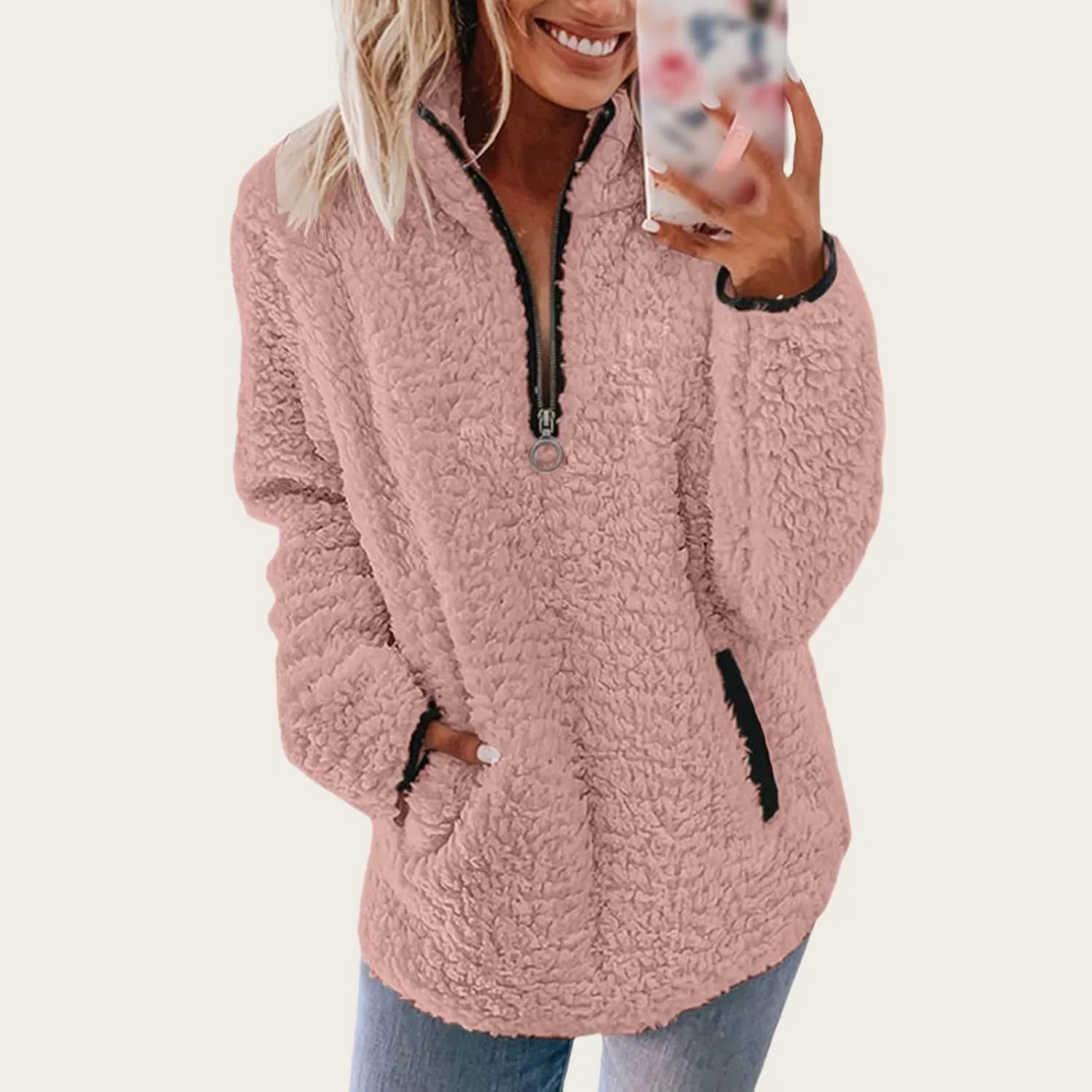 Sherpa Pullover Womens Quarter Zip Up Sweatshirts Casual Fleece Sweatshirts Long Sleeve Shirts with Pockets Outwear
