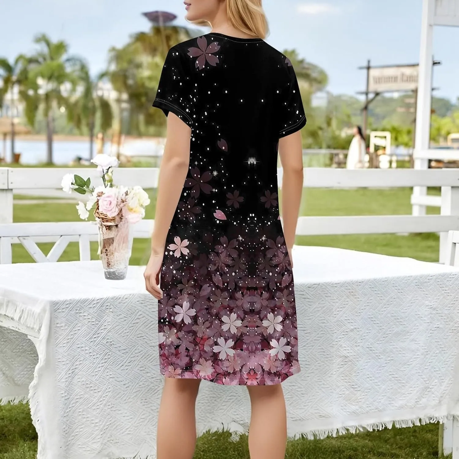 Shirt Dresses for Women Summer Vacation Dresses Square Neck Short Sleeve Beach Mini Dress with Pockets