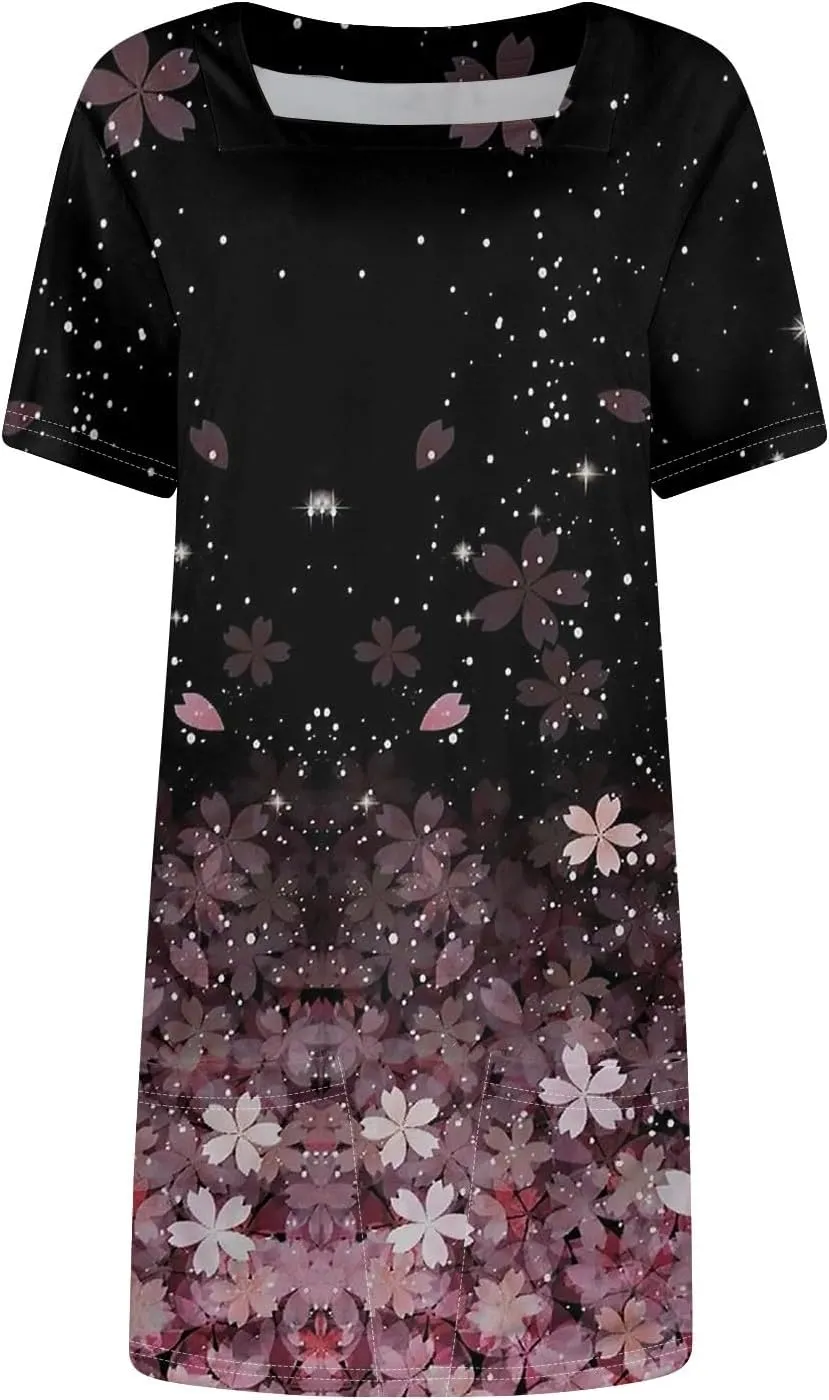 Shirt Dresses for Women Summer Vacation Dresses Square Neck Short Sleeve Beach Mini Dress with Pockets