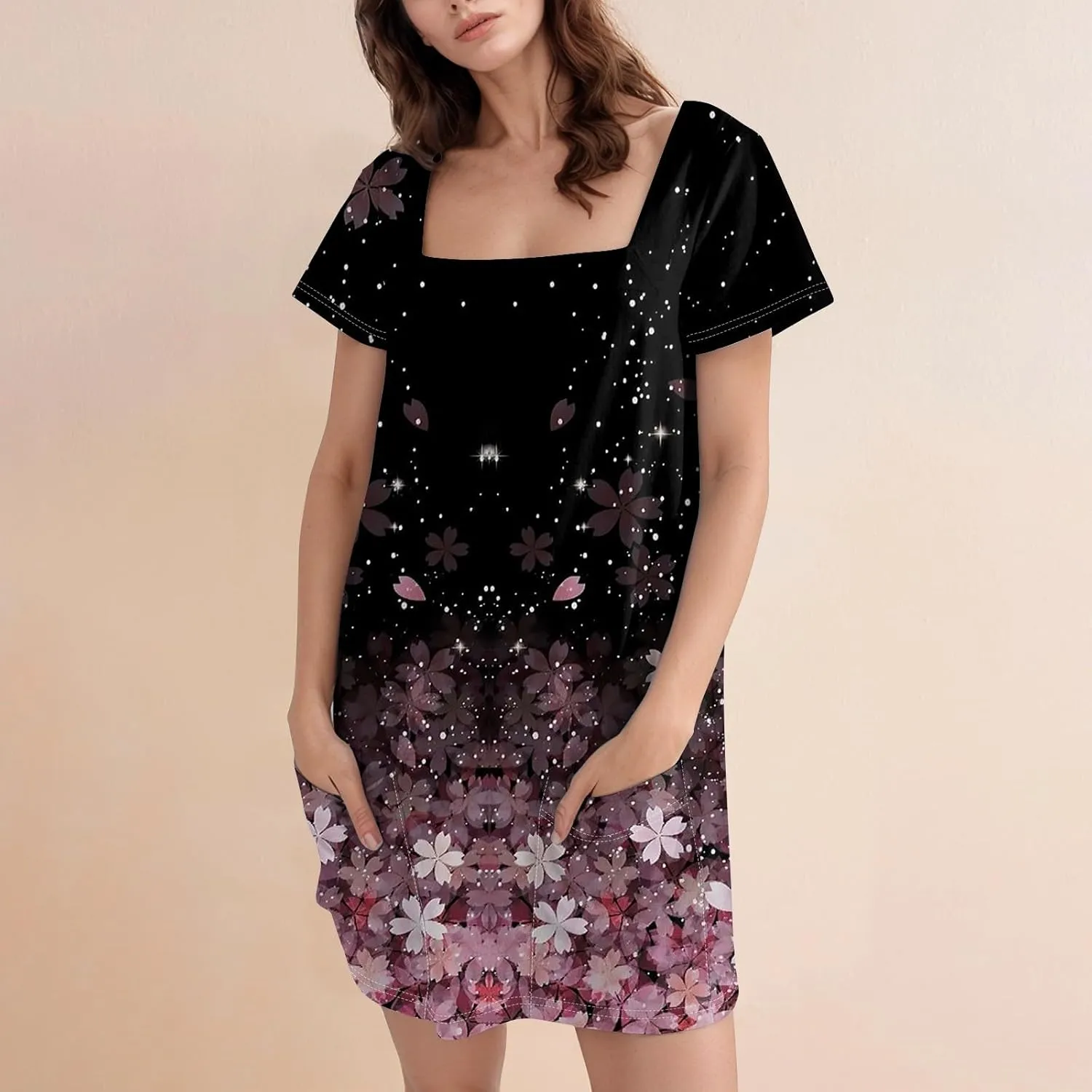Shirt Dresses for Women Summer Vacation Dresses Square Neck Short Sleeve Beach Mini Dress with Pockets