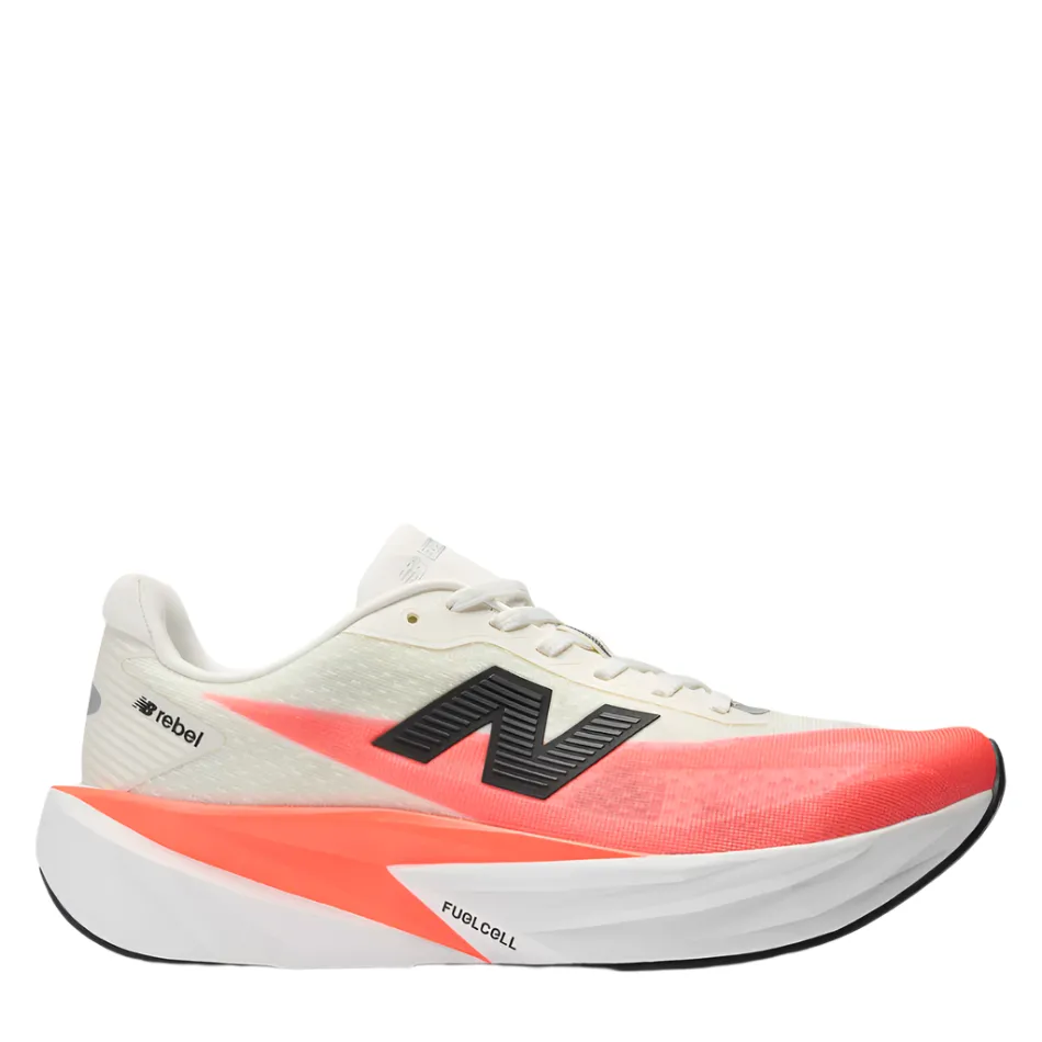 running in cross - country races shoes New Balance Men's Fuelcell Rebel v5 Running Shoes in Urgent Red/White/Sea Salt AW25