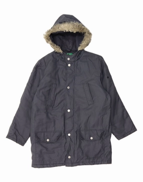 BENETTON Boys Hooded Padded Jacket 11-12 Years XL Navy Blue Polyester Taped Edges Eyeliner