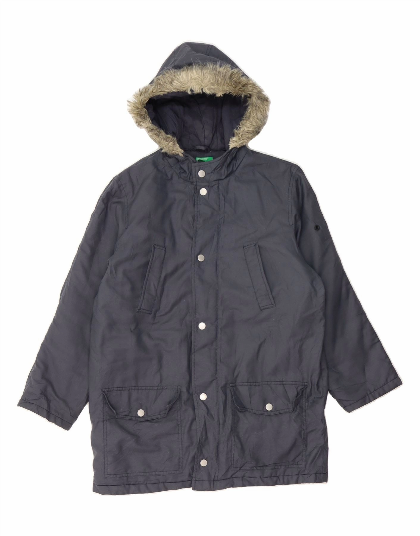 BENETTON Boys Hooded Padded Jacket 11-12 Years XL Navy Blue Polyester Taped Edges Eyeliner