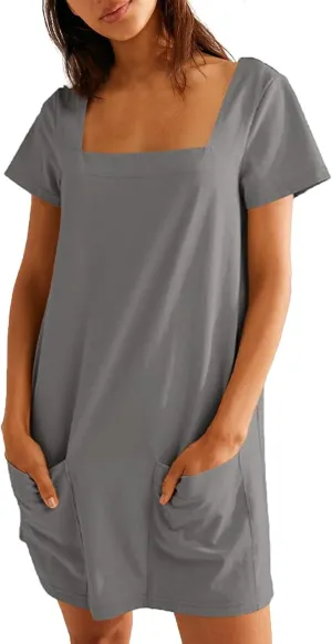 Short Dress for Women Summer Elegant Dresses Square Neck Short Sleeve Loose Fit T-Shirt Dress with Pockets