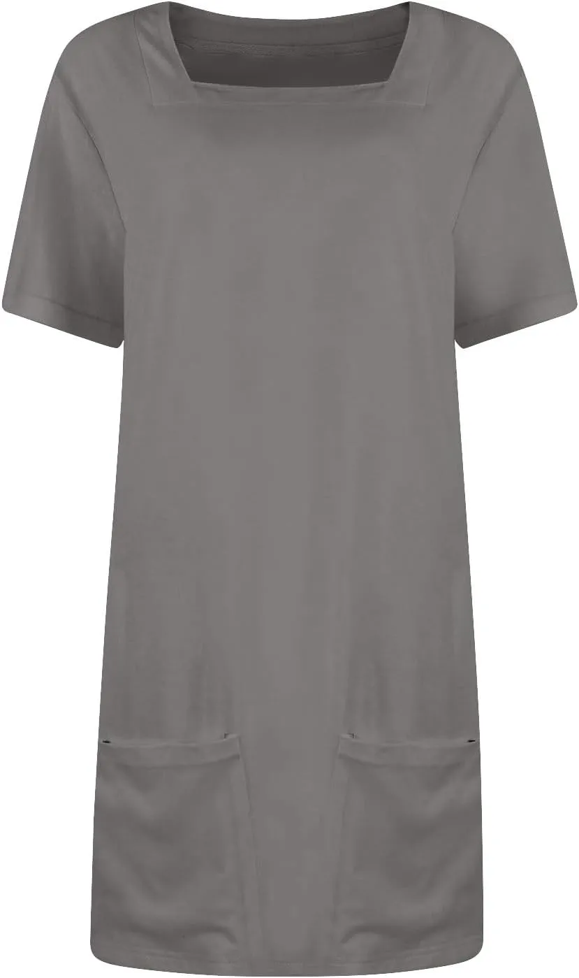 Short Dress for Women Summer Elegant Dresses Square Neck Short Sleeve Loose Fit T-Shirt Dress with Pockets