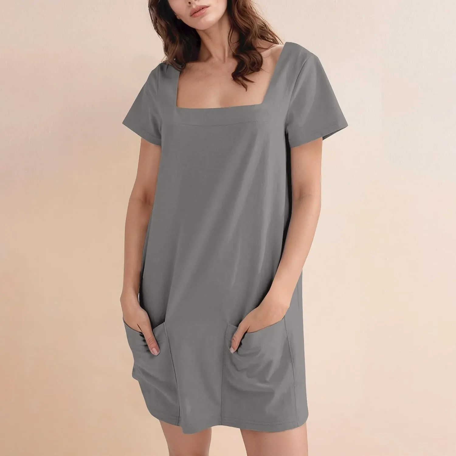 Short Dress for Women Summer Elegant Dresses Square Neck Short Sleeve Loose Fit T-Shirt Dress with Pockets