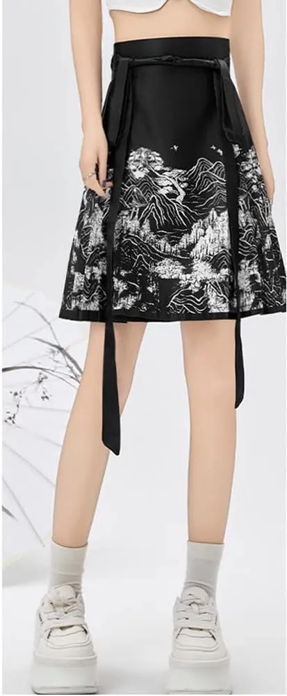 Short Horse Face Skirt Women Spring Summer Chinese Style Han Elements Pleated Lace-up Half A-Line Mini Skirt