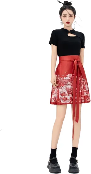 Short Horse Face Skirt Women Spring Summer Chinese Style Han Elements Pleated Lace-up Half A-Line Mini Skirt
