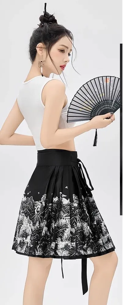 Short Horse Face Skirt Women Spring Summer Chinese Style Han Elements Pleated Lace-up Half A-Line Mini Skirt