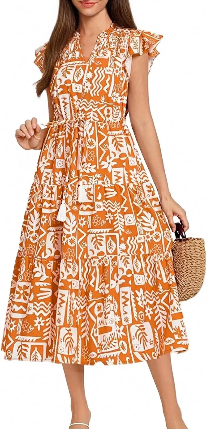 Short Sleeve Birthday Dress Female A-Line Summer Boxy Fit Women Comfortable V Neck Printed Dresses